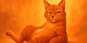 An orange tabby cat reclines on the floor, looking directly at the viewer with a relaxed yet confident expression, against a warm orange background.