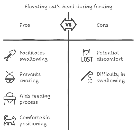 Chart showing pros and cons of elevating a cat's head during feeding. Pros: facilitates swallowing, prevents choking, aids feeding process, comfortable positioning. Cons: potential discomfort, difficulty in swallowing.