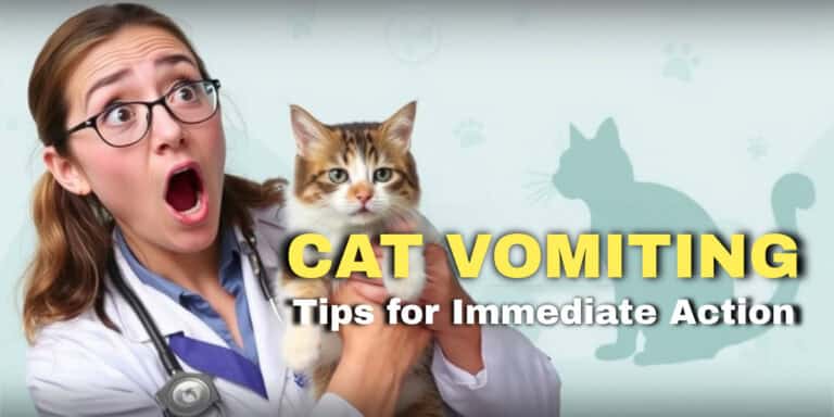 A person in a white coat looks surprised while holding a cat. The text overlay reads "CAT VOMITING: Tips for Immediate Action.