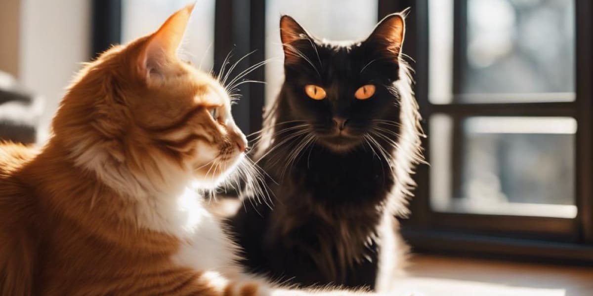 Two cats, one orange and one black, sitting beside each other by a window, bathed in sunlight.