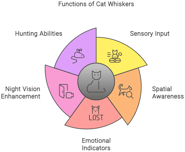 Chart titled "Functions of Cat Whiskers" with five sections: Hunting Abilities (mouse icon), Sensory Input (cat icon), Spatial Awareness (cat silhouette icon), Emotional Indicators (sad cat icon), Night Vision Enhancement (night vision icon). Central image of a cat.