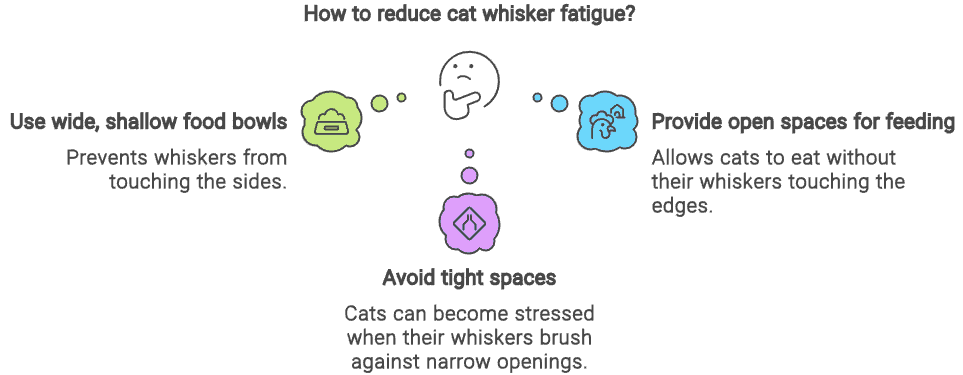 Diagram titled "How to reduce cat whisker fatigue?" with three tips: Use wide, shallow food bowls; Provide open spaces for feeding; Avoid tight spaces. Each tip has a small icon and brief explanation.