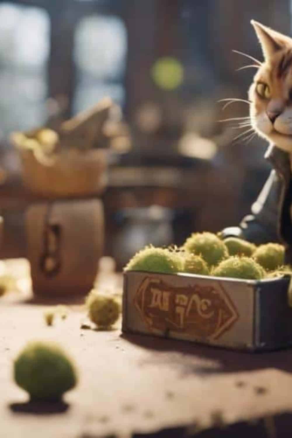 A cat wearing clothes is standing by a wooden box filled with fluffy green balls on a table. The background is blurred, showing bottles and other objects.