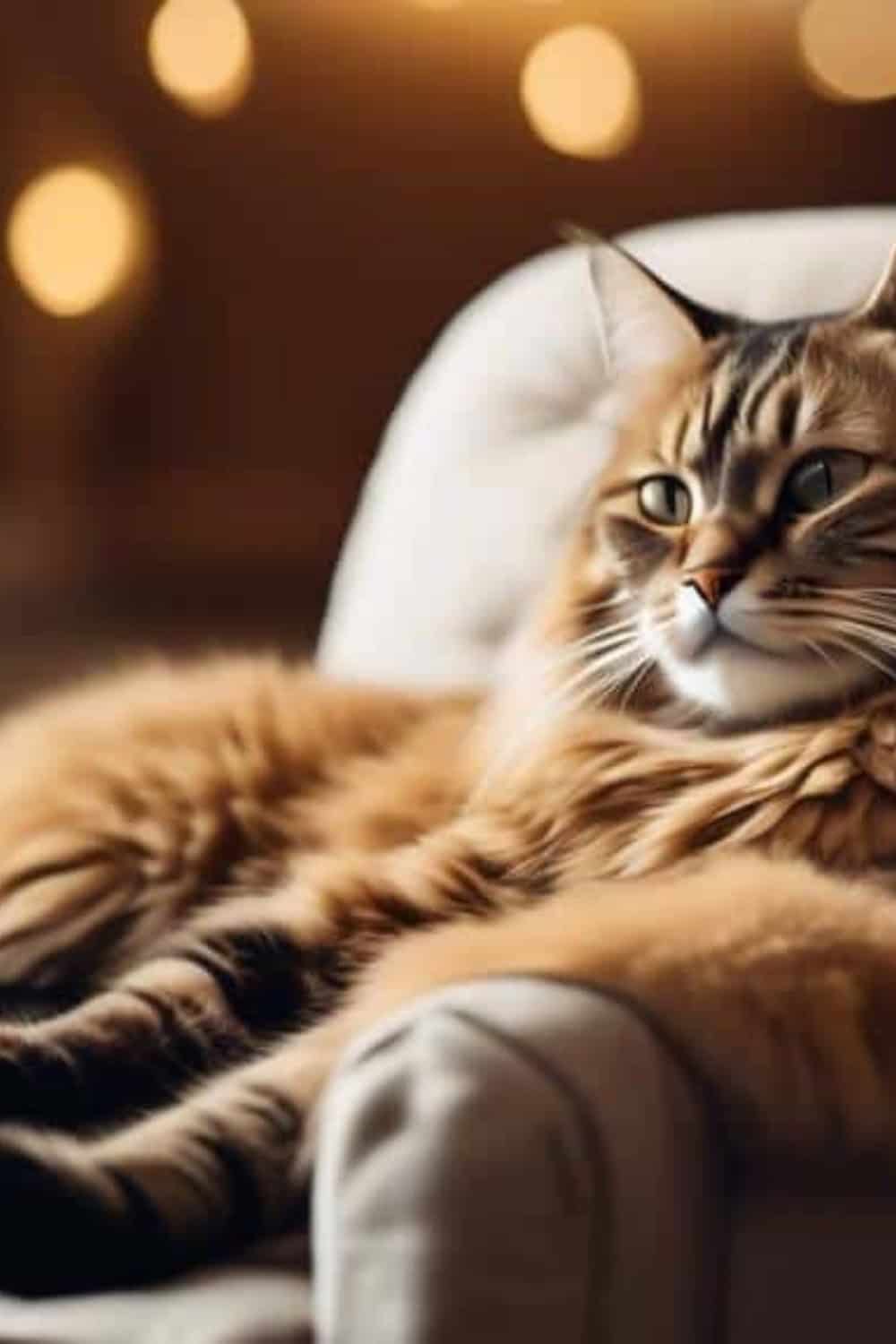 A fluffy brown tabby cat lounges on a cushioned chair with warm, blurred lights in the background.