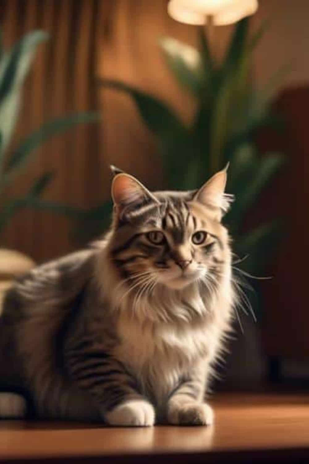 A long-haired cat with tabby markings sits on a wooden surface, with indoor plants and soft, warm lighting in the background.