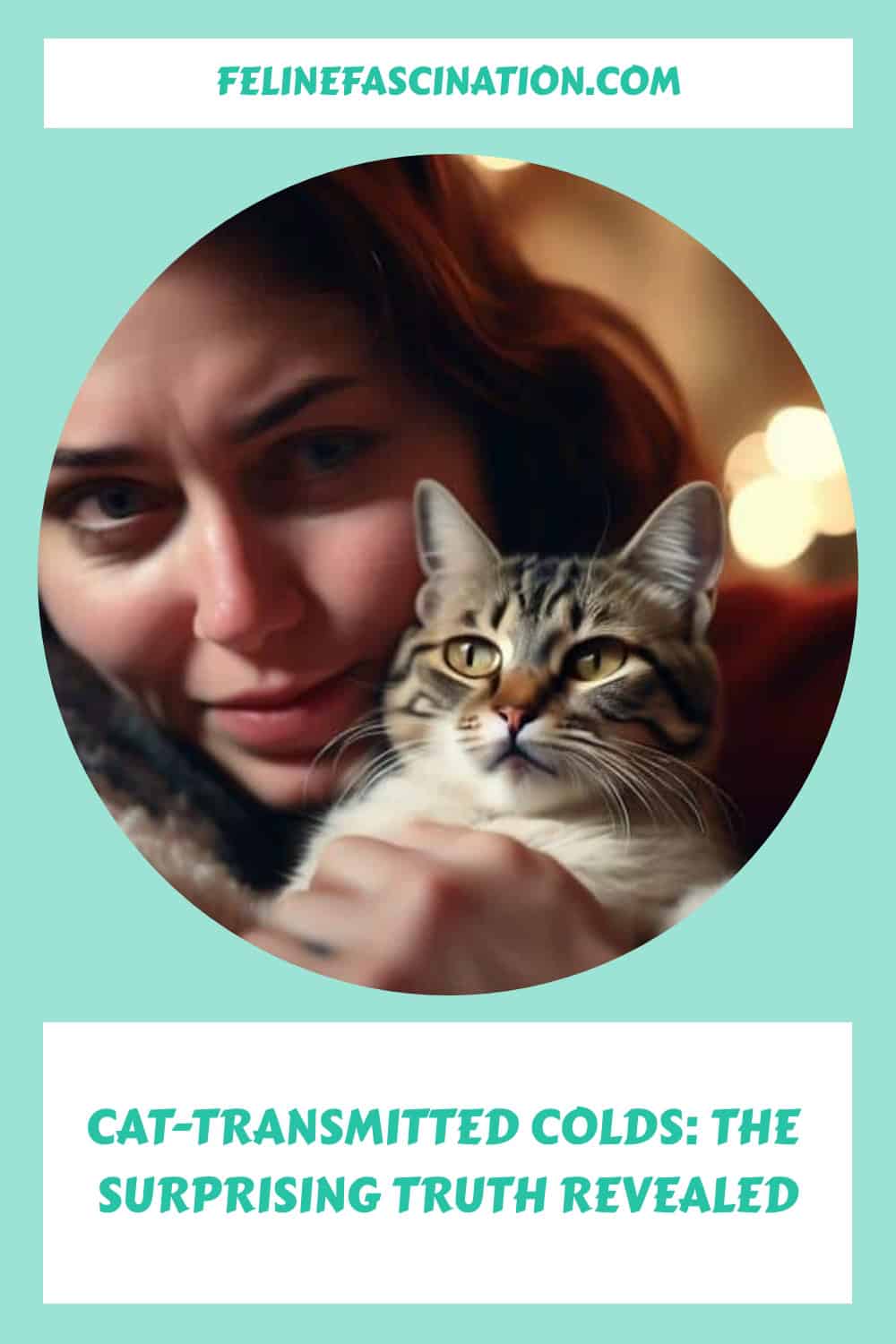 A person holding a cat close to their face. The top text reads "FelineFascination.com" and the bottom text reads "Cat-Transmitted Colds: The Surprising Truth Revealed".