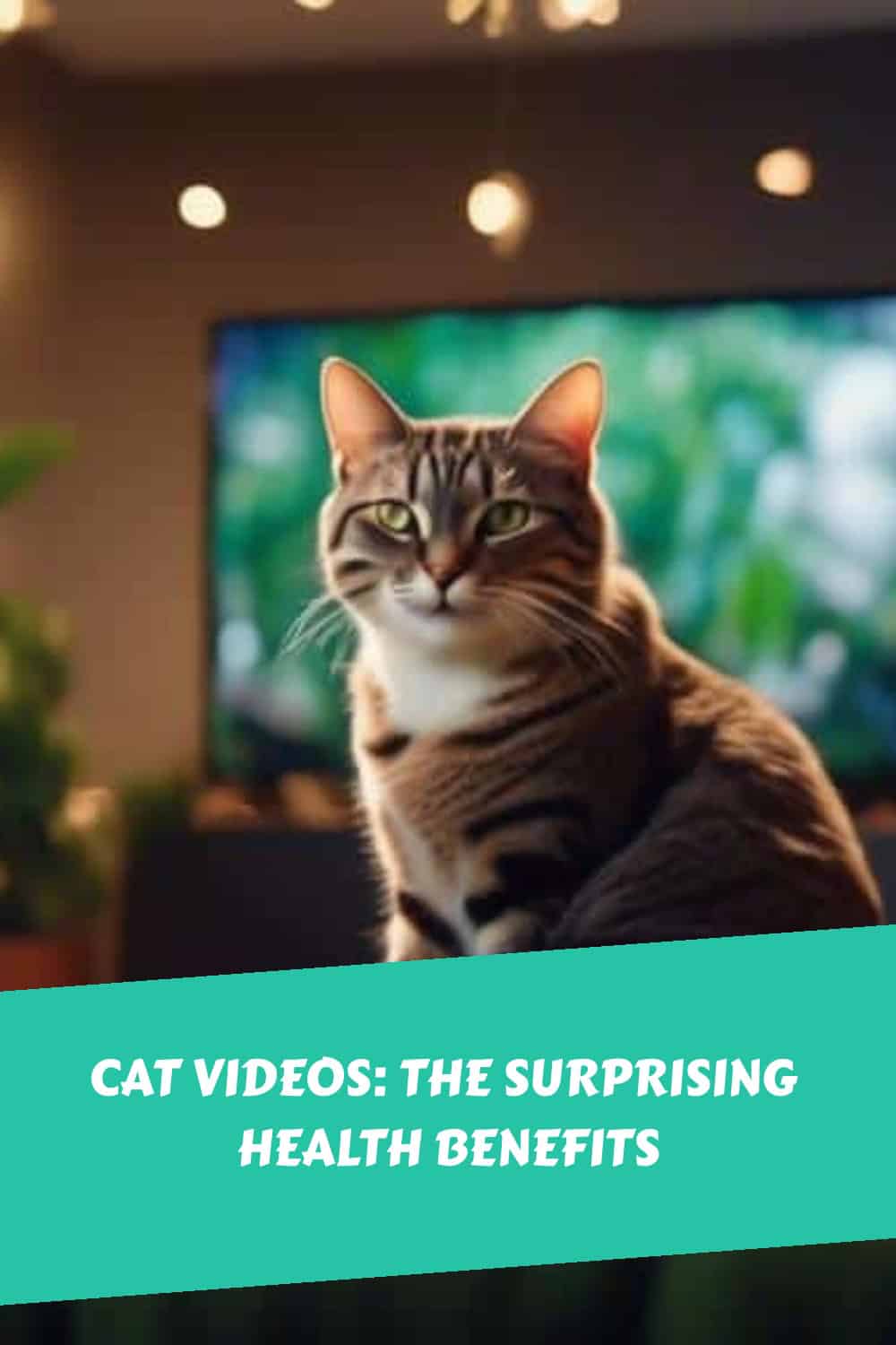 A tabby cat with a serious expression sits indoors in front of a blurred screen. Text overlay reads "Cat Videos: The Surprising Health Benefits.