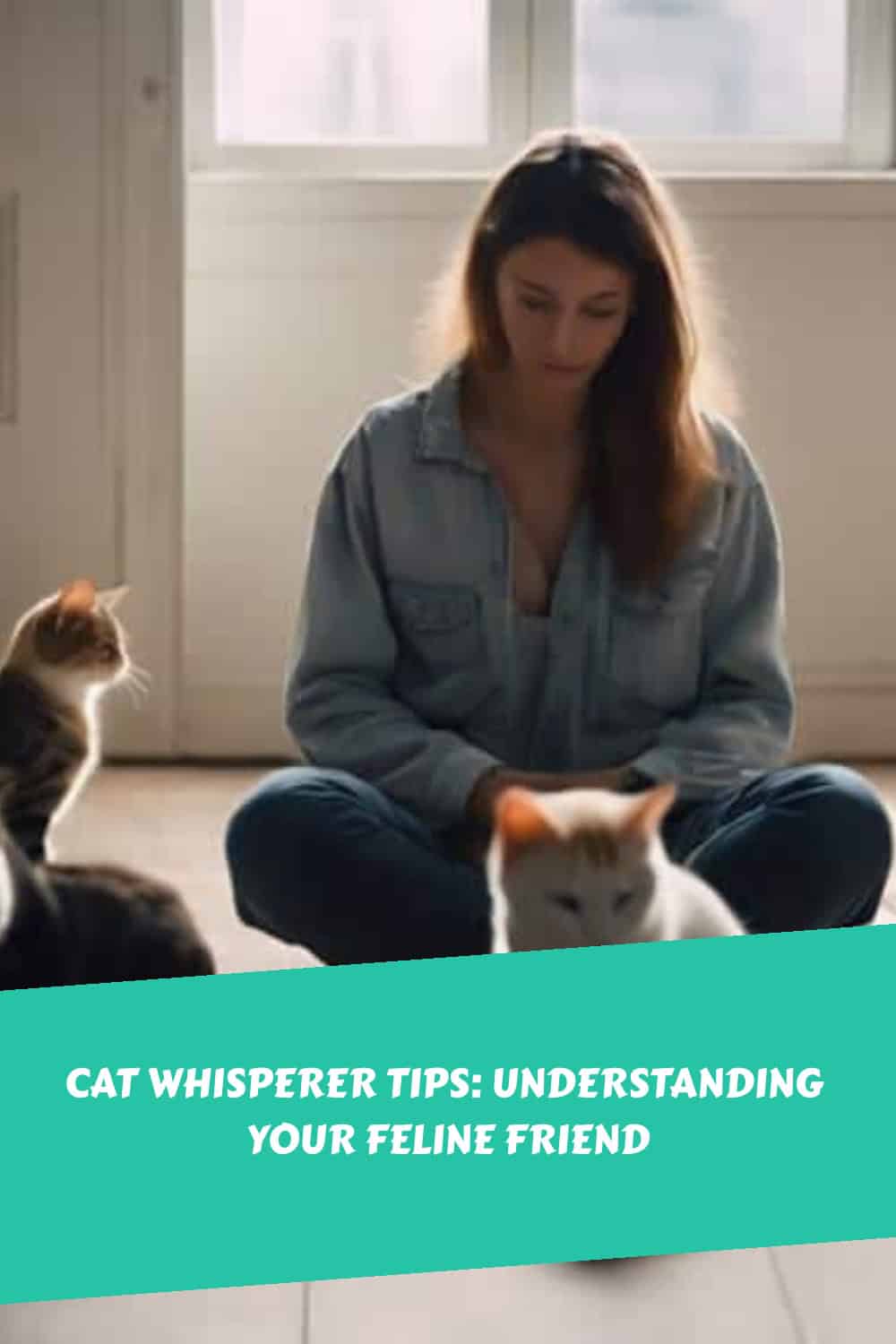 A woman sits on the floor with two cats, one near her and another in the foreground. Text on the image reads, "Cat Whisperer Tips: Understanding Your Feline Friend.