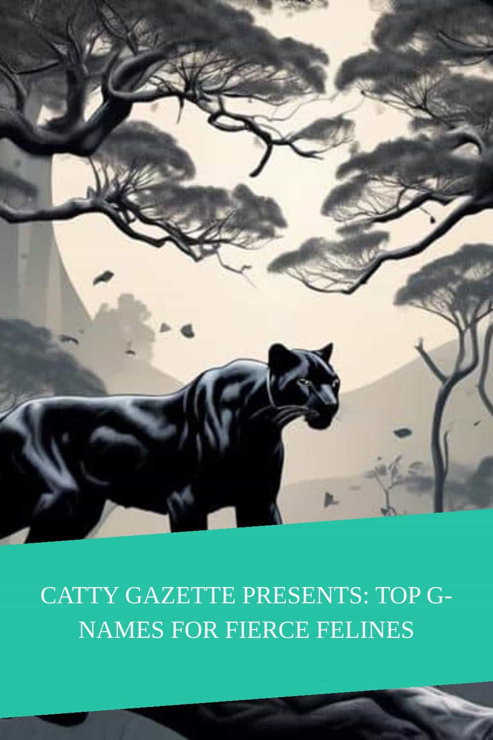 A black panther stands in a forest with stylized trees. Text overlay reads "Catty Gazette Presents: Top G-Names for Fierce Felines".