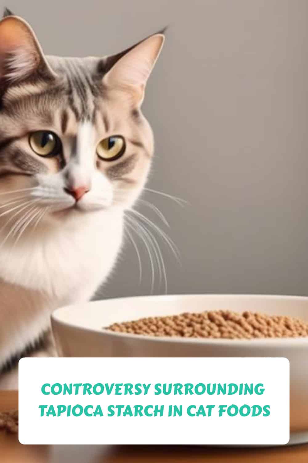 A cat sits near a bowl of kibble with a headline reading, "Controversy Surrounding Tapioca Starch in Cat Foods" displayed at the bottom.