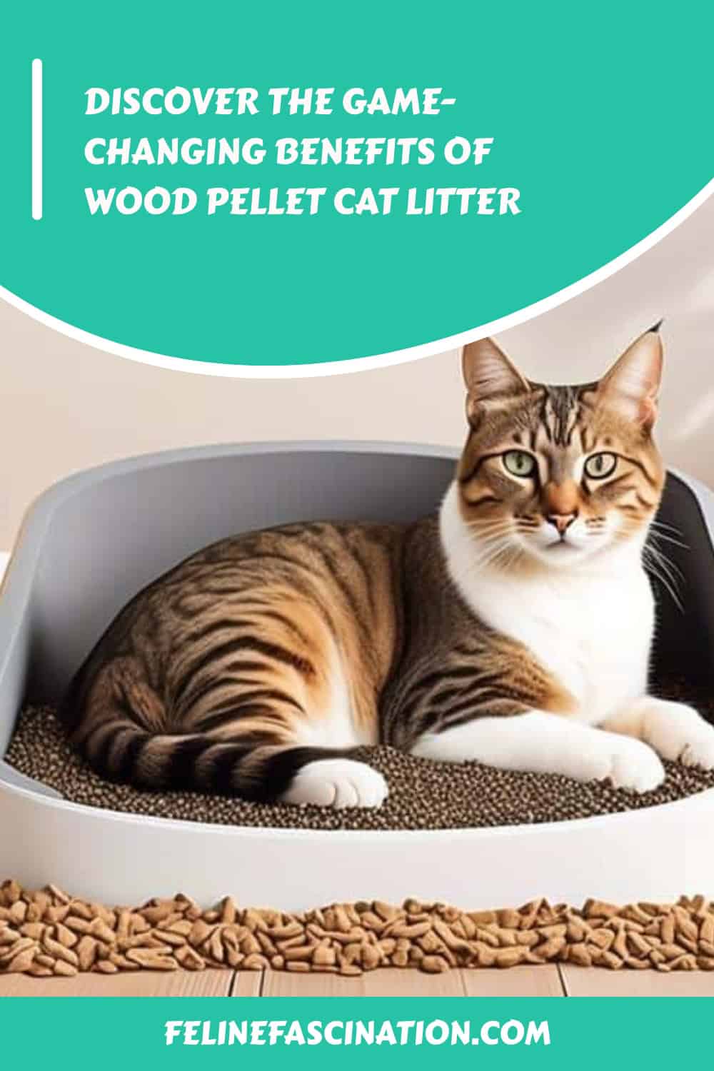 Cat sitting in a litter box with wood pellet litter. Text reads, "DISCOVER THE GAME-CHANGING BENEFITS OF WOOD PELLET CAT LITTER." Website: felinefascination.com.