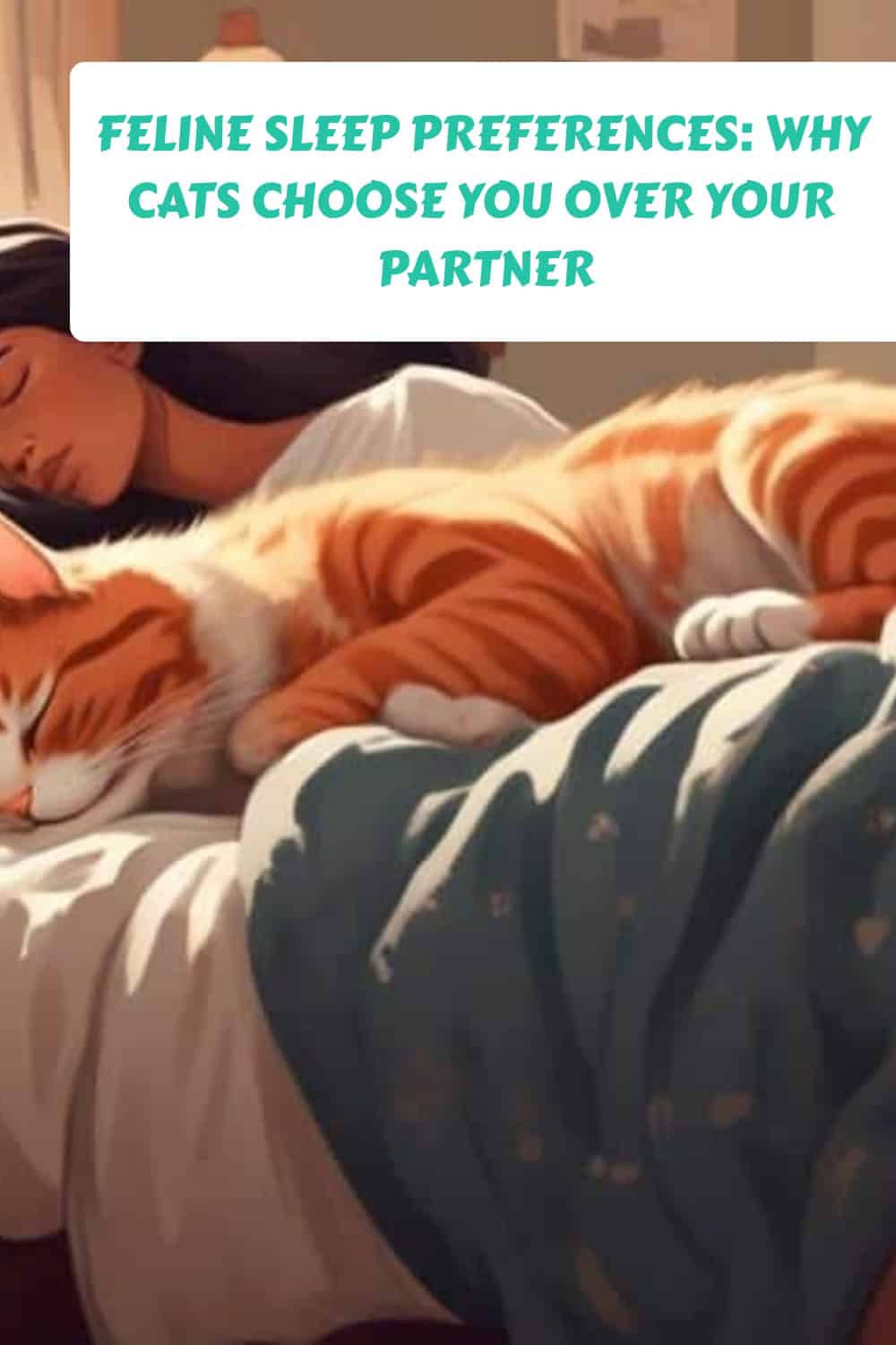 A person sleeps in bed with an orange and white cat, with a text overlay reading "Feline Sleep Preferences: Why Cats Choose You Over Your Partner.
