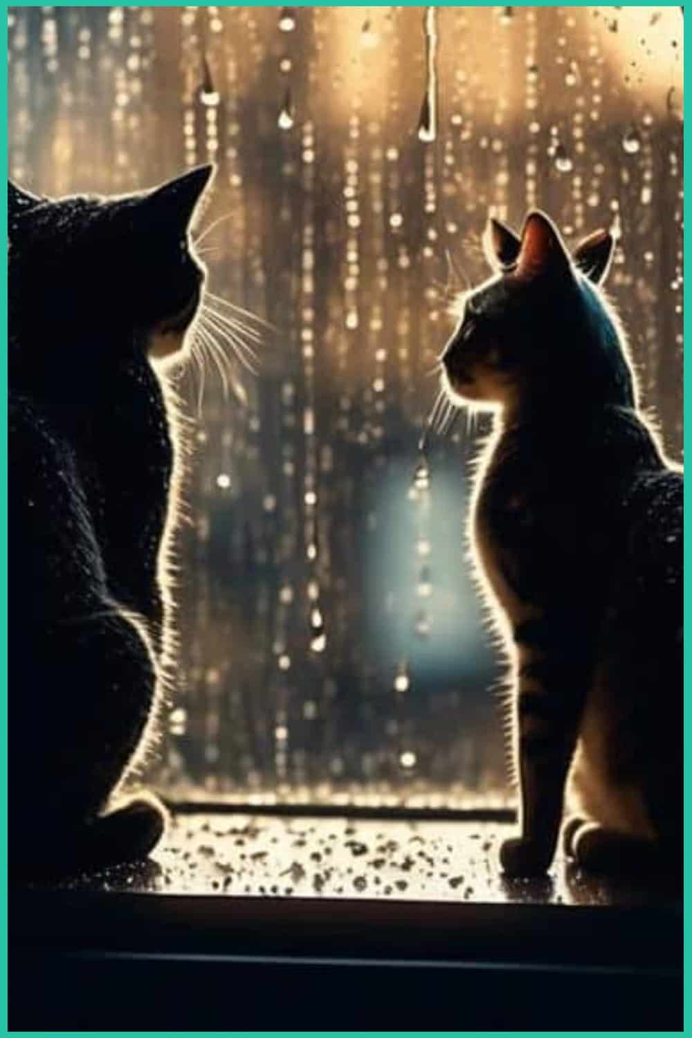 Two cats sit on a windowsill, looking out at the rain falling on the glass, with droplets and water streaks visible.