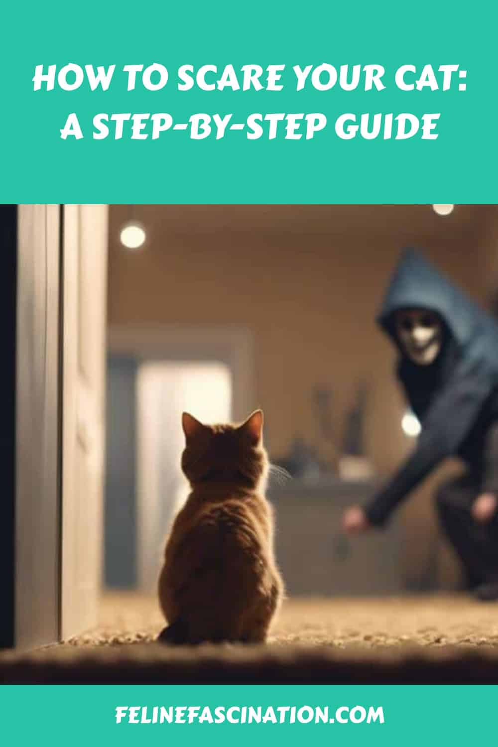 An orange cat stands indoors, looking at a person wearing a hood and mask. The text above reads, "How to Scare Your Cat: A Step-by-Step Guide." The website URL at the bottom is felinefascination.com.