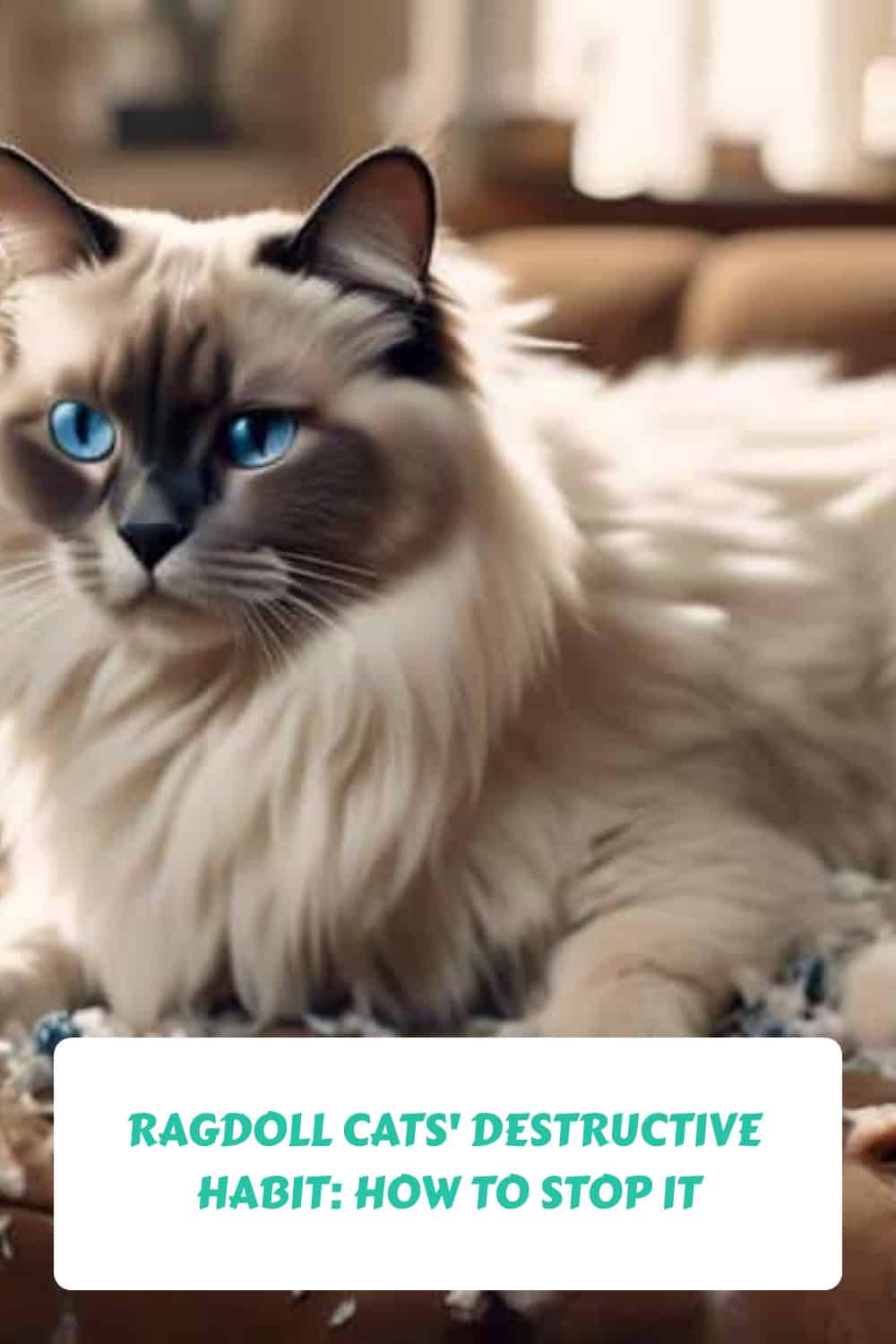 A Ragdoll cat with blue eyes lounges on a sofa with a caption underneath reading "Ragdoll Cats' Destructive Habit: How to Stop It.
