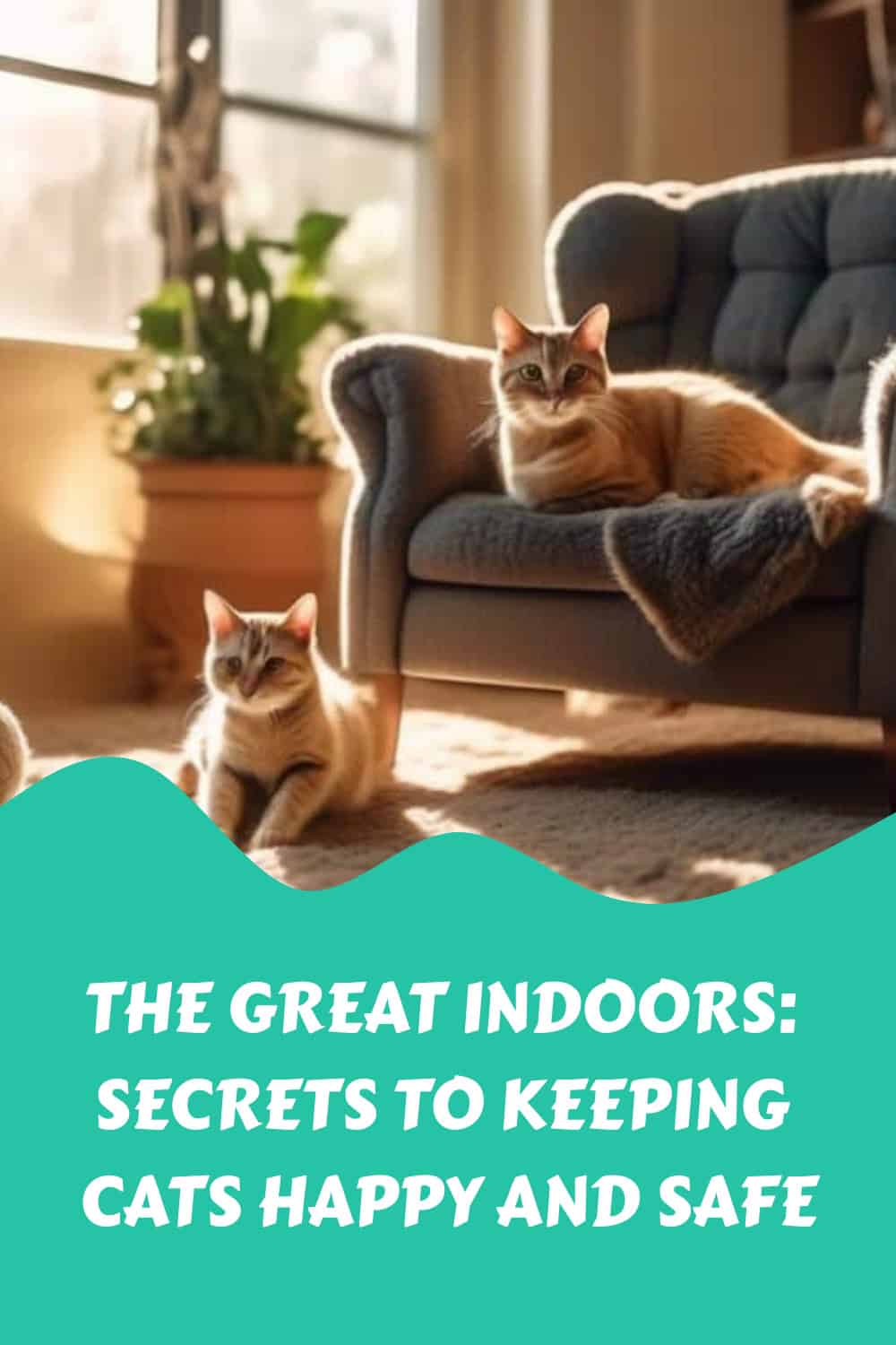 Two cats, one sitting on a couch and the other on the floor, are in a sunlit room with plants. Text in the image reads, "The Great Indoors: Secrets to Keeping Cats Happy and Safe.