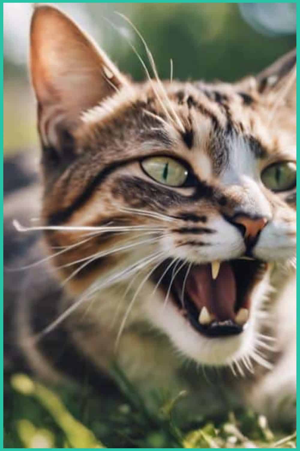 Close-up of a tabby cat with green eyes lying on grass, mouth open showing sharp teeth, possibly meowing or hissing.