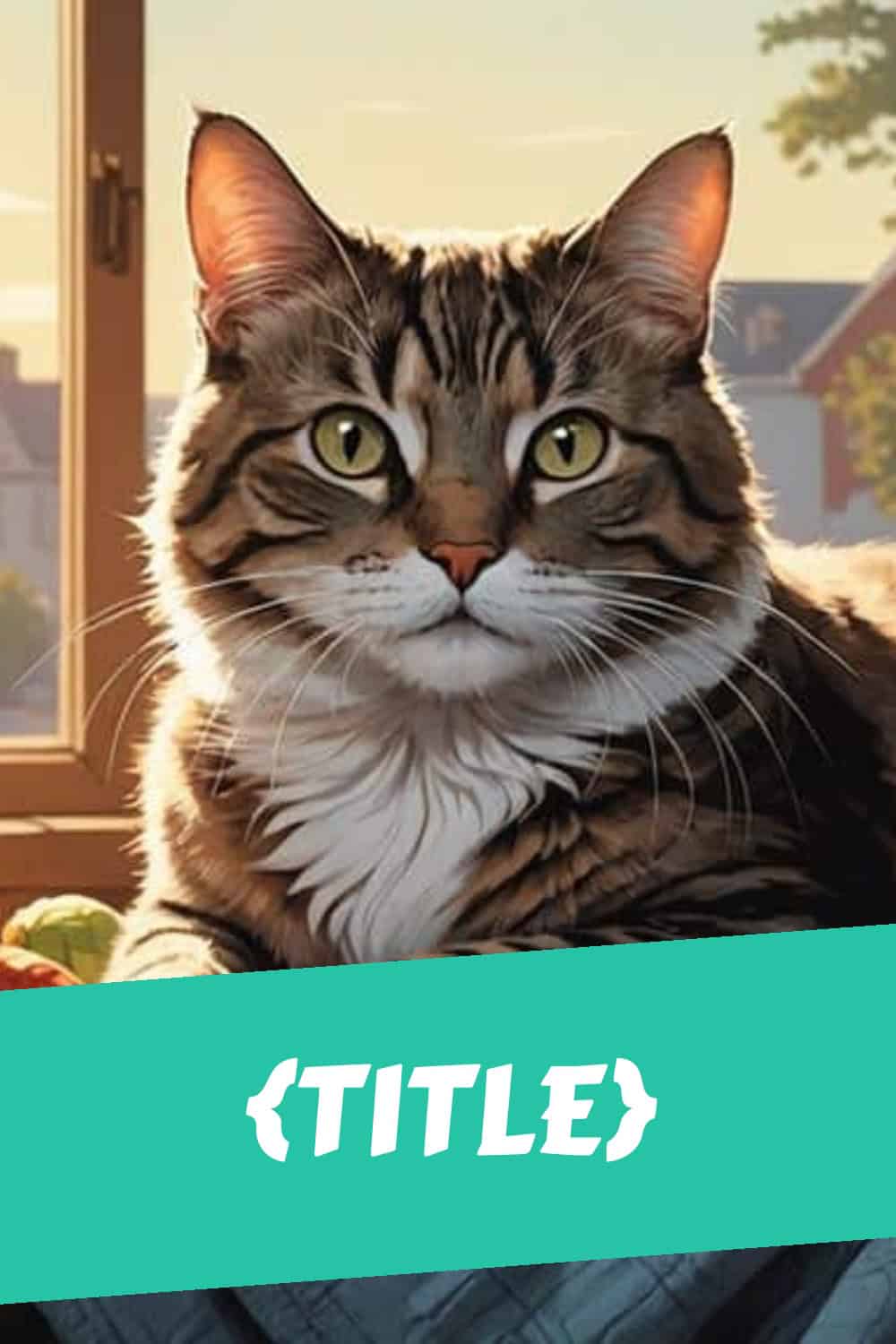 A tabby cat with a solemn expression sits in front of a sunlit window. The word "TITLE" appears in bold white letters on a green banner at the bottom of the image.