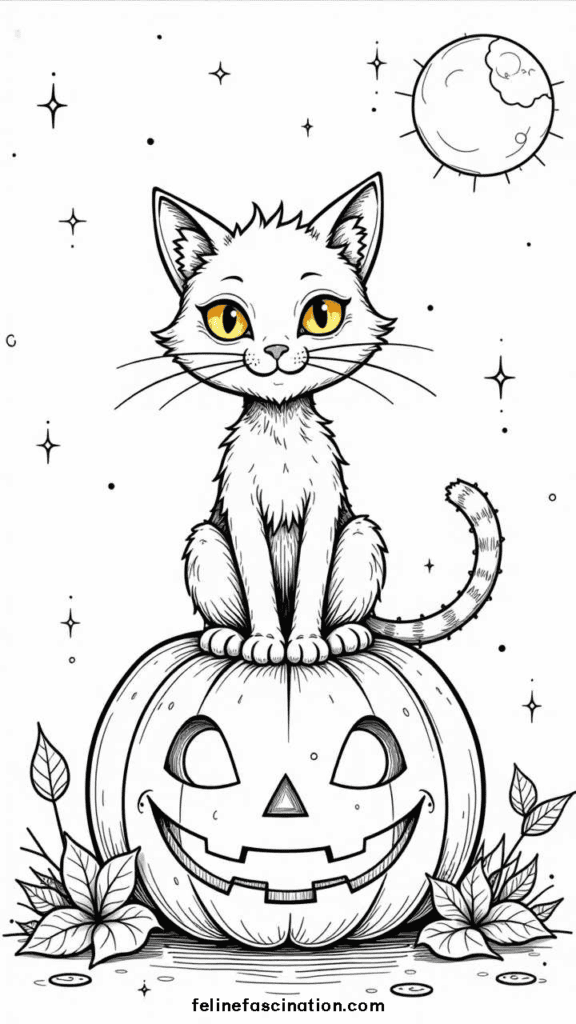 Illustration of a cat with bright eyes sitting on a carved pumpkin, surrounded by stars and a full moon in the background.