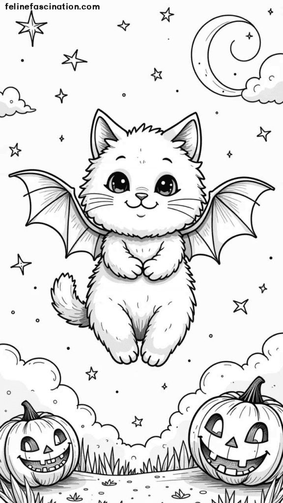 Cute cartoon cat with bat wings flying among stars and a crescent moon, with two carved pumpkins on the ground.