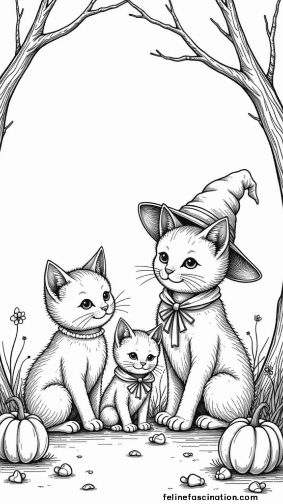 Three cats sitting together, one wearing a witch hat, in a whimsical forest setting with pumpkins and bare trees.