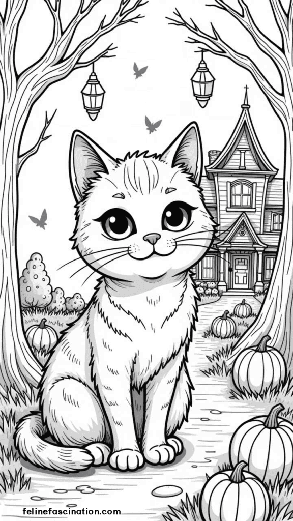 A cartoon cat with large eyes sits on a path lined with pumpkins, flanked by trees, with a house and butterflies in the background.