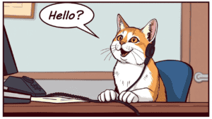 Cartoon cat wearing a headset, sitting at a desk with a phone and notepad, saying "Hello?.