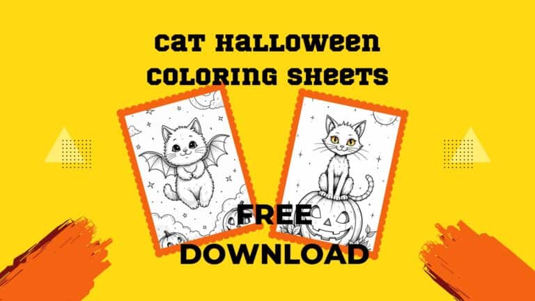 A yellow poster featuring "Cat Halloween Coloring Sheets" with two outlined cat drawings: one as a bat and the other on a pumpkin. Text reads "Free Download.