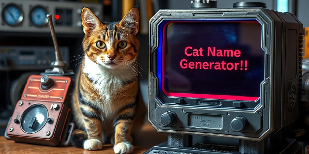 A tabby cat sits next to a vintage monitor displaying the text "Cat Name Generator!!" with electronic equipment in the background.