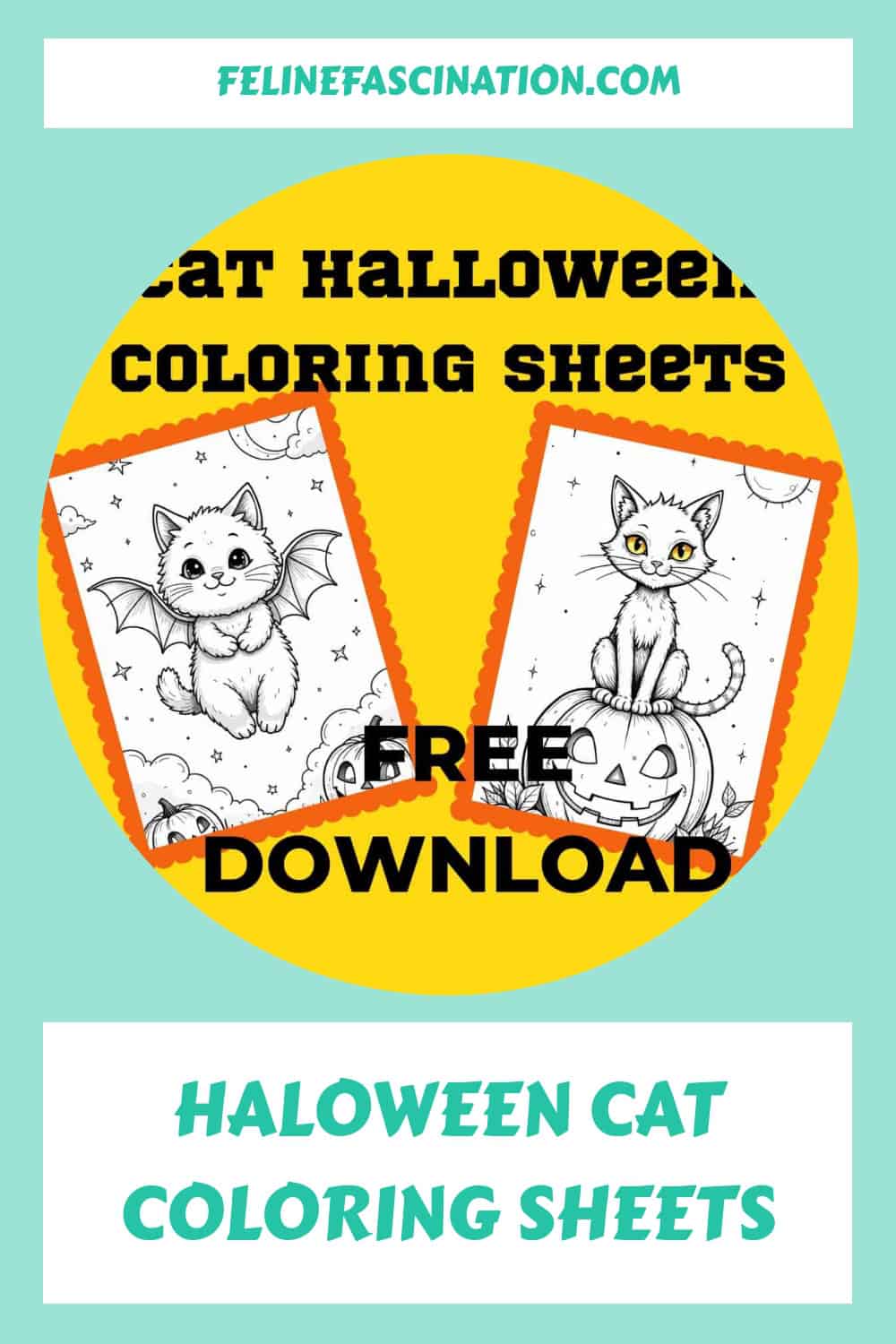Two illustrated Halloween cat coloring sheets featuring a bat-winged cat and a cat on a pumpkin. Text reads "Cat Halloween Coloring Sheets" and "Free Download.