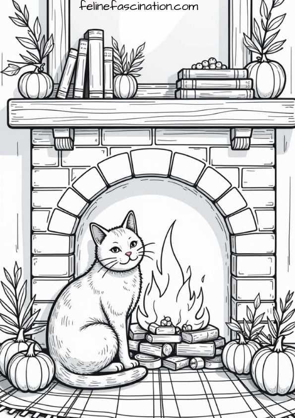 Black and white drawing of a cat sitting in front of a fireplace. There are pumpkins and plants on the mantel and a stack of logs burning in the fireplace.