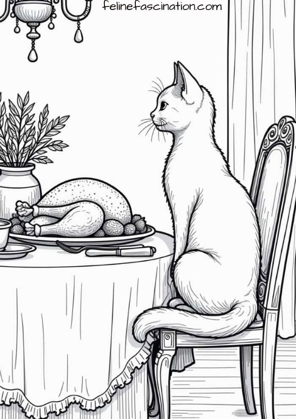 A cat sits on a chair at a dining table with a whole turkey, a vase of herbs, and a chandelier above.