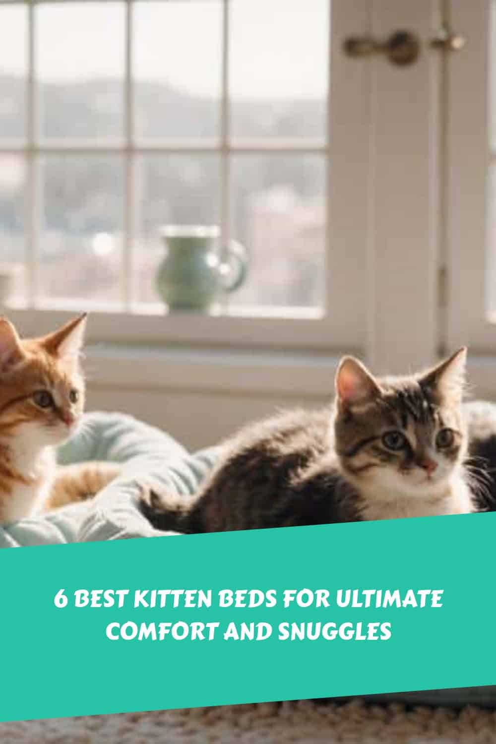 Two kittens resting on a cozy bed by a window, with a mug on the windowsill. Text on the image reads, "6 BEST KITTEN BEDS FOR ULTIMATE COMFORT AND SNUGGLES.