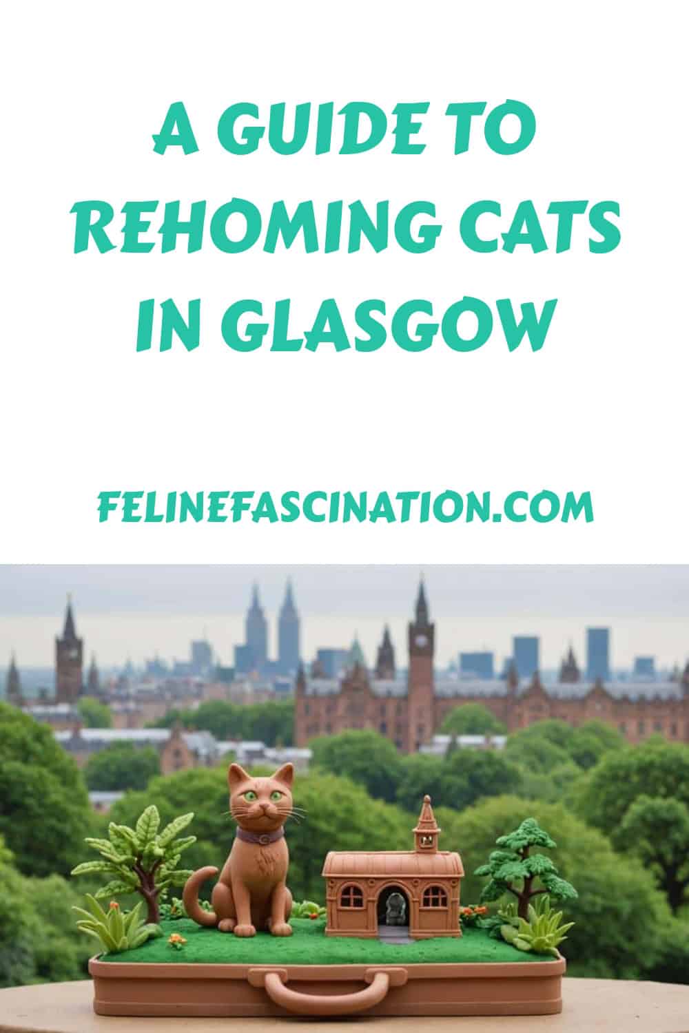 A small cat figurine on a miniature landscape with a city in the background. Text reads: "A Guide to Rehoming Cats in Glasgow" and "felinefascination.com.