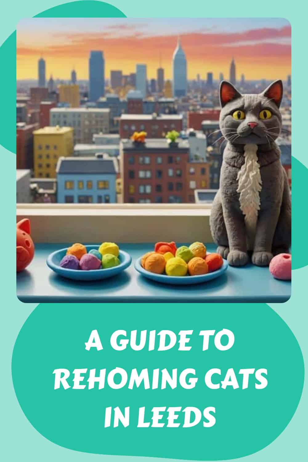 Gray cat with yellow eyes sits on a windowsill overlooking a colorful cityscape. Two blue plates with multicolored yarn balls are in front. Text reads, "A Guide to Rehoming Cats in Leeds.