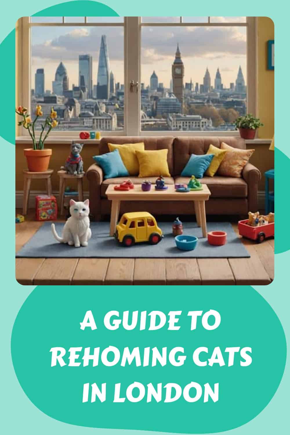 Cozy living room with toys and a toy cat. London skyline visible through the window. Text: "A Guide to Rehoming Cats in London.