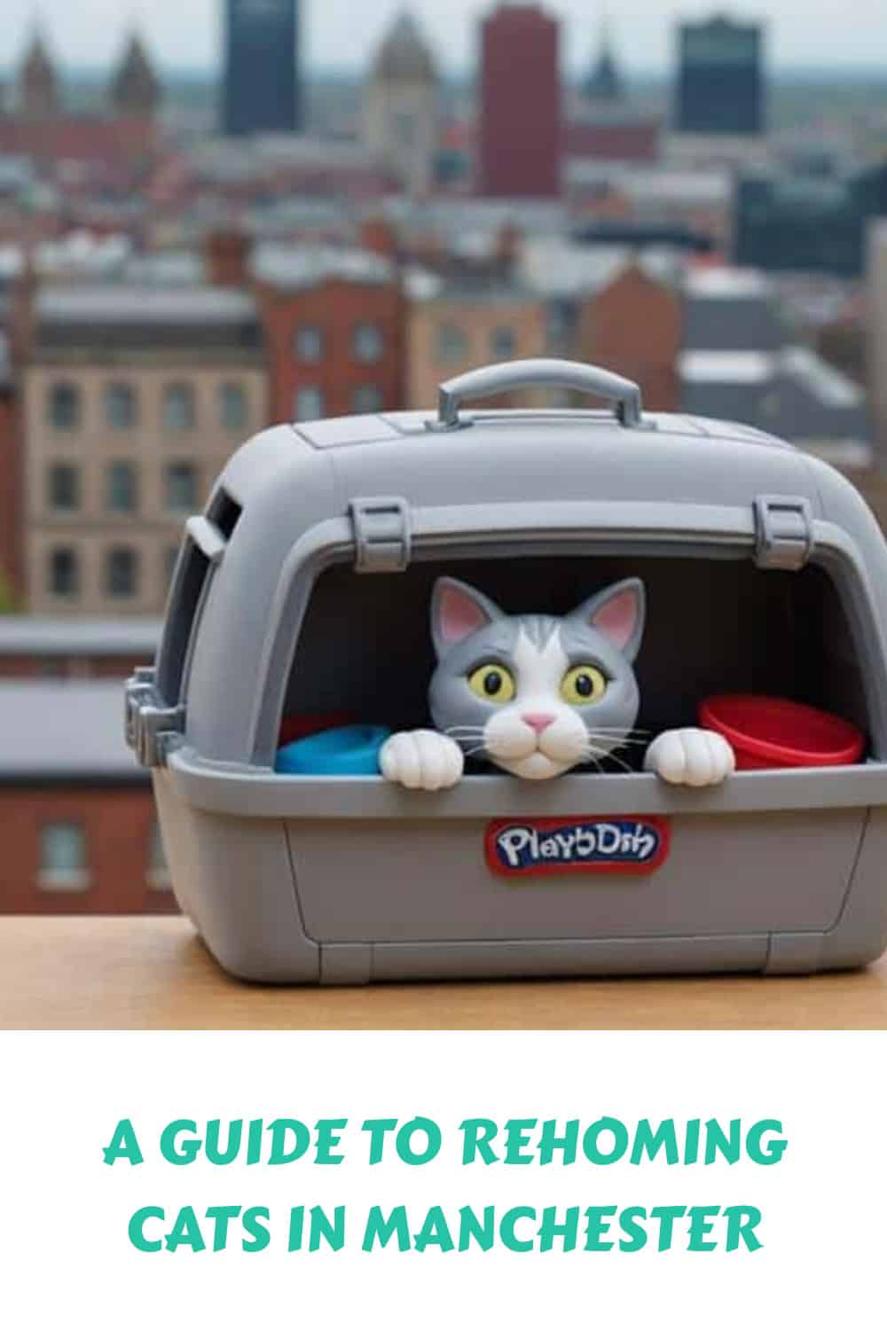 Toy cat in a carrier with a city skyline backdrop; text below reads "A Guide to Rehoming Cats in Manchester.
