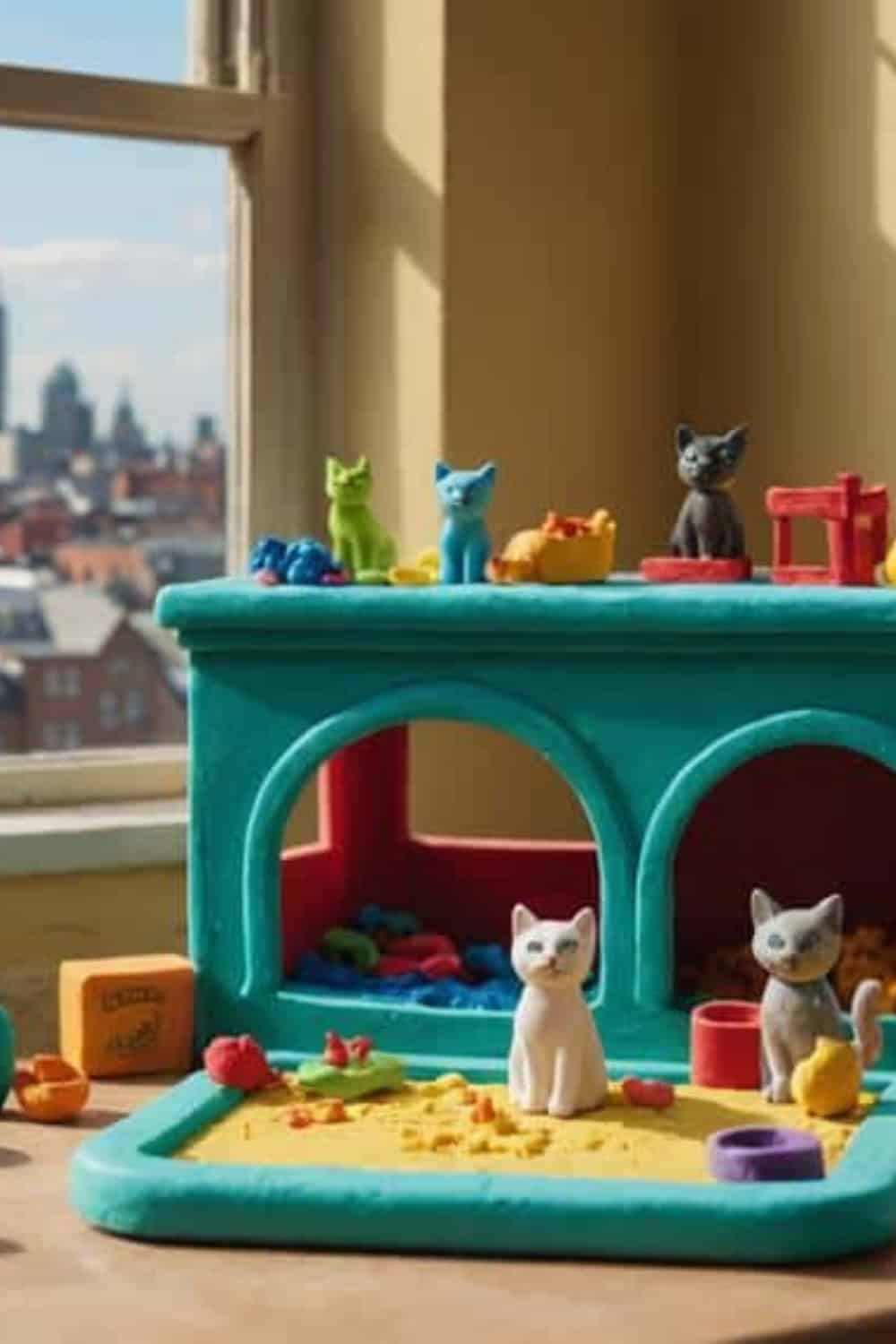 Toy kitten figures are placed on a colorful playset with arches and a sandbox, set by a window with a cityscape view.