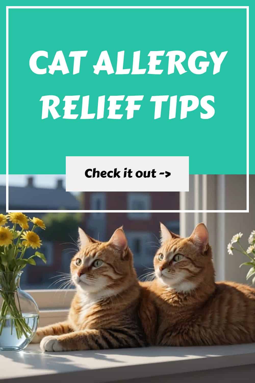 Two orange cats sit by a window with flowers. The image features text promoting cat allergy relief tips.