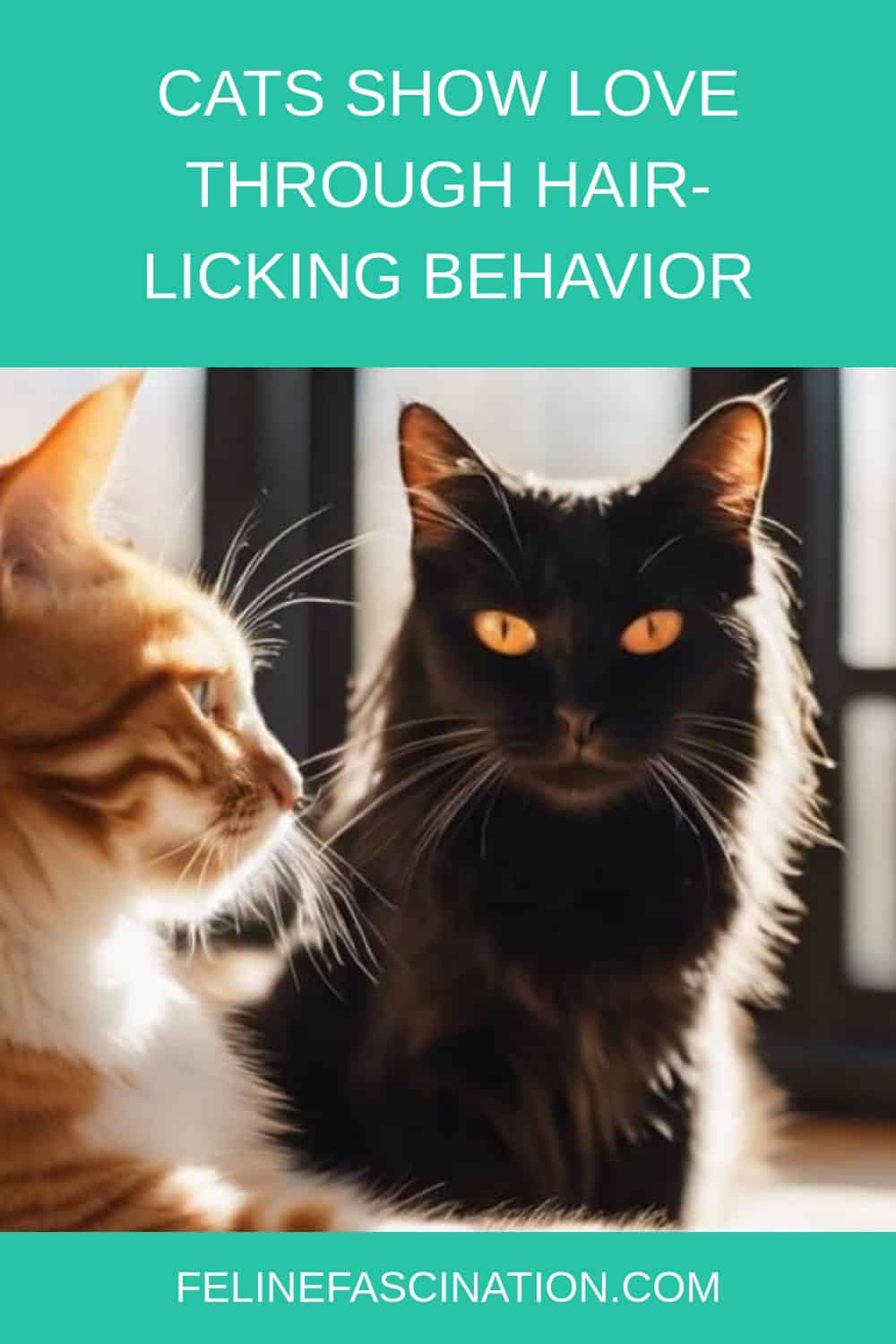 Two cats sit together, one ginger and one black, with the text "Cats show love through hair-licking behavior" above them.