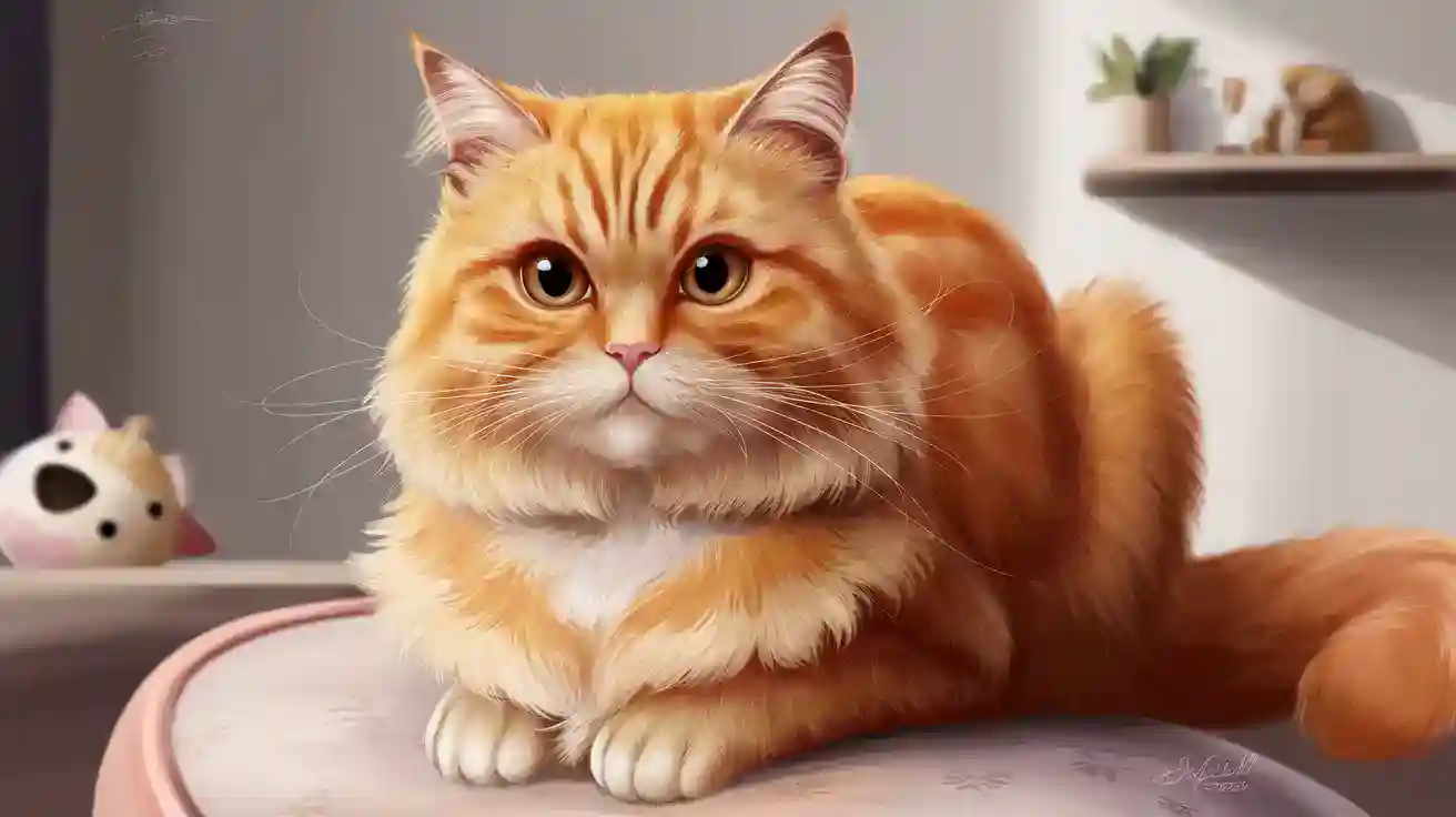 An orange and white long-haired cat is lying on a cushioned surface with its front paws tucked under, in a softly lit indoor setting.