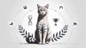 A striped cat sits centered, surrounded by icons of a DNA strand, paw print, trophy, and cat silhouettes, with laurel leaves framing the bottom.