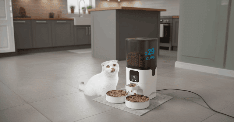 A white cat sits by an automatic pet feeder with two food bowls and a digital display showing "29 cups," in a modern kitchen.