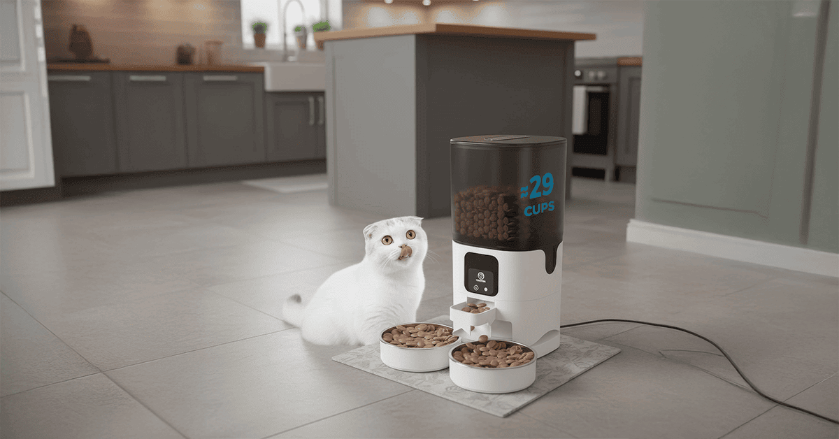 A white cat sits by an automatic pet feeder with two food bowls and a digital display showing "29 cups," in a modern kitchen.