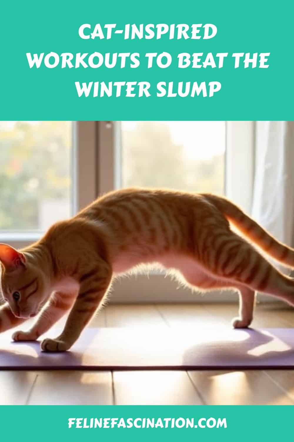 An orange tabby cat stretches on a yoga mat in a sunlit room, with text promoting cat-inspired workouts to beat the winter slump.