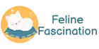 A white cat is curled up and sleeping on a blue blanket next to the text “Feline Fascination” in teal font on a light background.