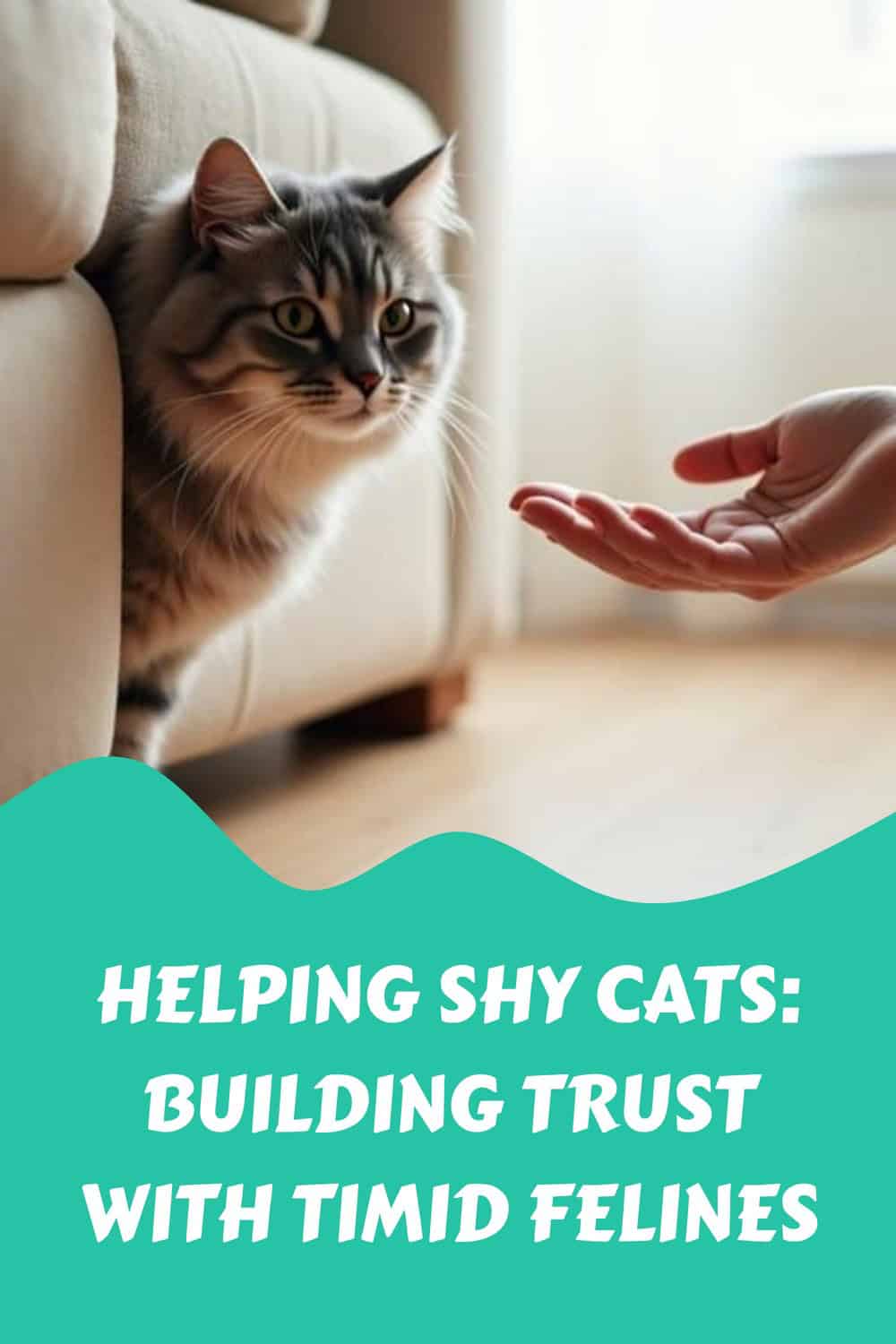 A cat peeks out from under a couch toward an outstretched human hand, with text reading "Helping Shy Cats: Building Trust with Timid Felines.