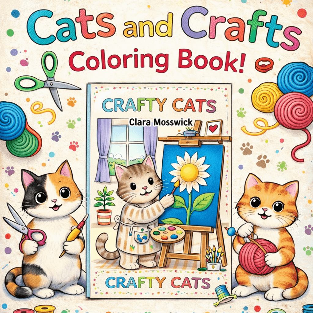 Illustrated cover of a "Cats and Crafts Coloring Book" showing cartoon cats doing crafts like painting, cutting paper, and knitting with yarn.